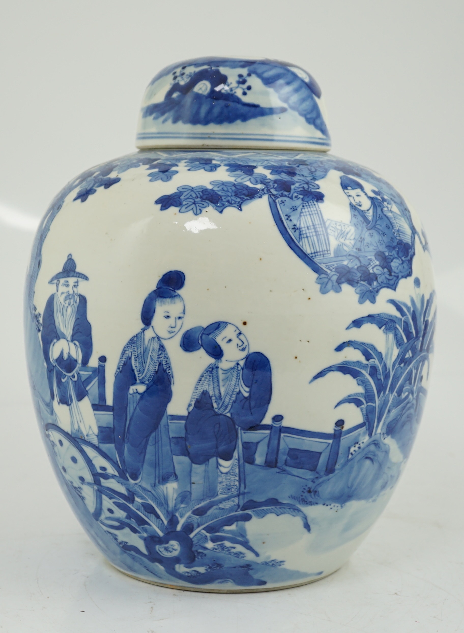 A large Chinese blue and white ‘Romance of the Western chamber’ ovoid jar and cover, Kangxi mark, but late 19th century